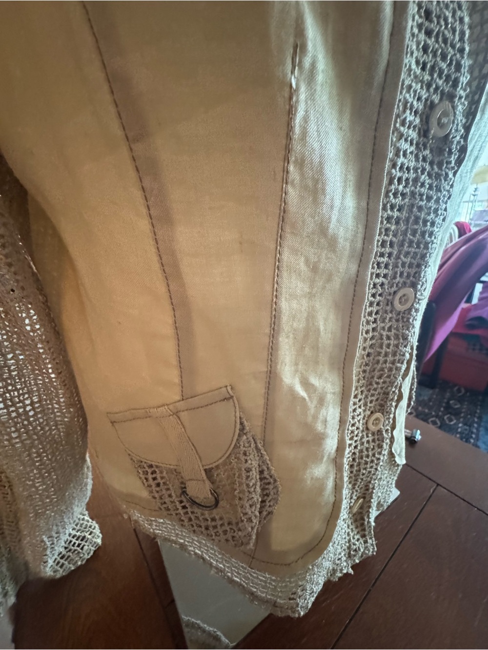 Women's Lightweight Hooded vintage linen Jacket in Tan with metallic detail - Picture 4 of 6